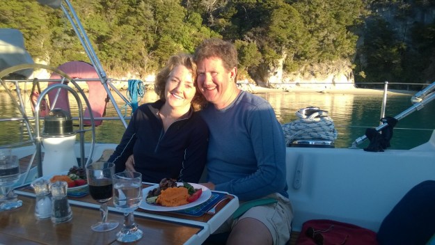 Enjoying dinner on a sailboat in New Zealand, 2014